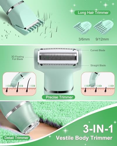 AREYZIN Bikini Trimmer for Women, 3-in-1 Electric Shaver for Women, Electric Razors and Body Shaver, IPX7 Waterproof, USB-C Charging, Travel Trimmer for Face, Legs, Bikini Line & Foil, Light Green