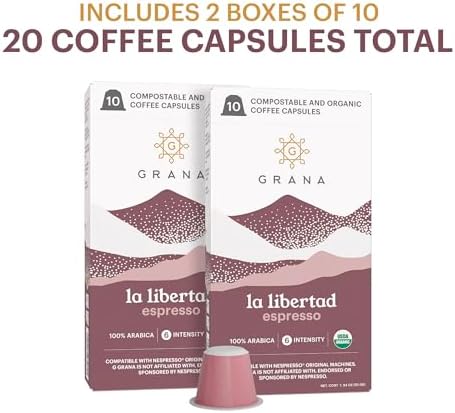 G GRANA Coffee Pods, Compatible with Nespresso OriginalLine, 20 Pack, Medium-Dark Roast, USDA Organic 100% Arabica Single Source Specialty Coffee, Compostable Single Serve Capsules, La Libertad