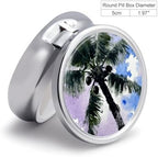 Black Coconut Tree Round Pill Box Cute Small Fish Oil Cases Portable 3 Compartment Pill Boxes Round Pill Case with Mirror for Vitamins Medication Supplements Gift
