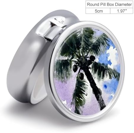 Black Coconut Tree Round Pill Box Cute Small Fish Oil Cases Portable 3 Compartment Pill Boxes Round Pill Case with Mirror for Vitamins Medication Supplements Gift