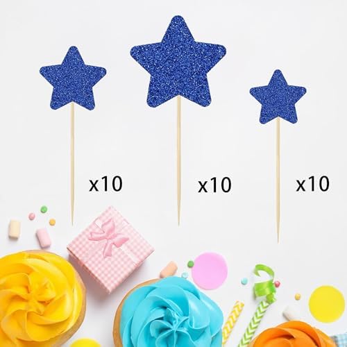 30 Pcs Star Cupcake Toppers, Mixed Size Glitter Starlet Cake Decorations for Various Birthday Party Cake Decoration Supplies - Dark Blue