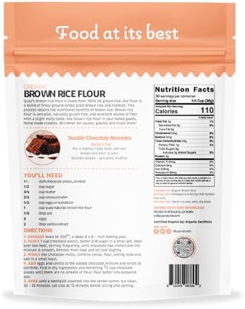 Quay Naturals Organic Brown Rice Flour Finely Milled 2 lb – Gluten Free, Non‑GMO, Whole Grain, Vegan Baking Flour, Stone Ground All Purpose Flour