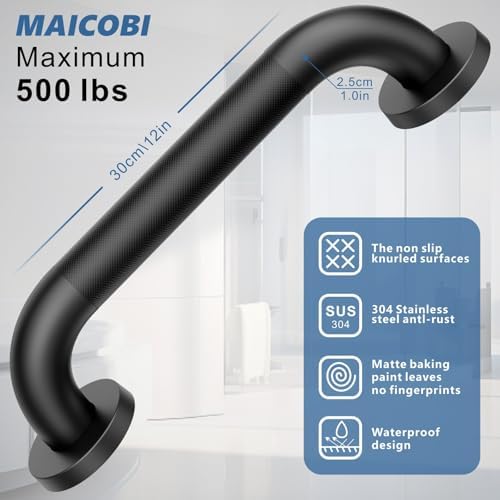 12 Inch Shower Grab Bars, 2 Pack - Anti-Slip Stainless Steel Bathroom Safety Handles for Elderly & Handicap, 304 Steel, Black, Knurled Grip（Black 12in-2-Sets）