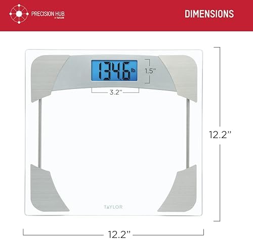 Taylor Digital Scales for Body Weight, 400 LB Capacity, Unique Blue LCD, Stainless Steel Accents, Glass Platform, 12.2 x 12.2 Inches, Clear