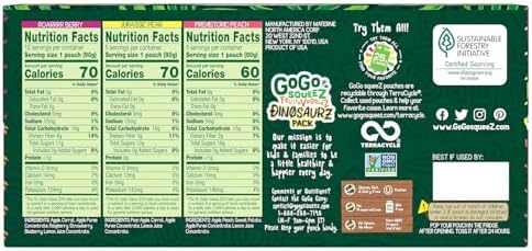 GoGo squeeZ Fruit & veggieZ Applesauce and Puree Variety Pack, Jurassic Pear, Roarrrr Berry & Prehistoric Peach, 3.2 oz (Pack of 20), Unsweetened Snacks for Kids, BPA Free Pouches