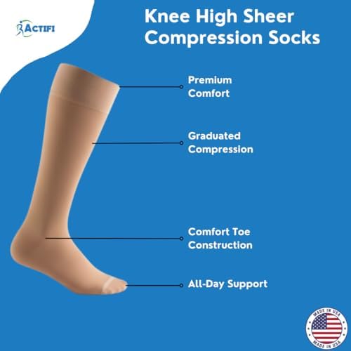 Actifi Women's Sheer 8-15 mmHg Compression Stockings, Knee High, Closed Toe, Mild Support