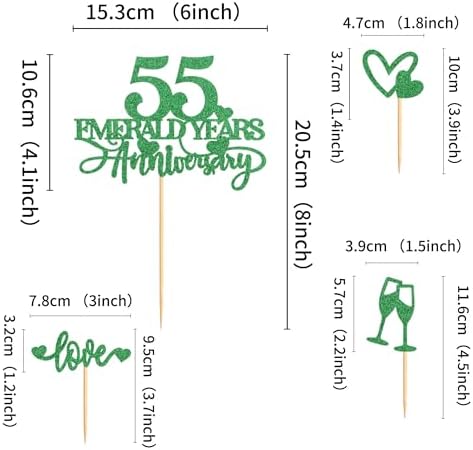 25Pcs Glitter Green 55 Emerald Years Anniversary Cake Toppers Heart Cheers Love Cupcake Picks for 55 Years Wedding Anniversary Cake Decorations Happy 55th Anniversary Birthday Party Decorations