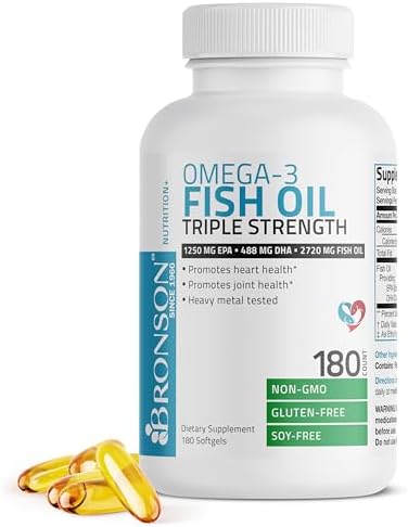 Bronson Omega 3 Fish Oil Triple Strength 2720 mg, High EPA 1250 mg DHA 488 mg, Non-GMO Heavy Metal Tested, 180 Softgels