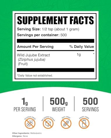 BulkSupplements.com Wild Jujube Extract Powder - Sourced from Jujube Fruit, Herbal Supplement - Gluten Free, 1g per Serving, 500g (1.1 lbs) (Pack of 1)
