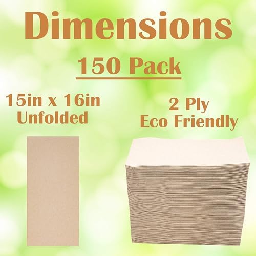 Compostable Biodegradable Unbleached Eco Napkins, 150 Kraft Recycled 15 x 16 Inch Disposable Dinner Napkin