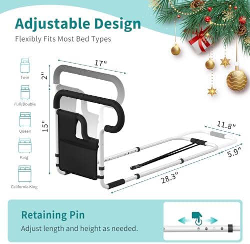 Bed Rails for Elderly Adults Safety, Height and Length Adjustable Bed Assist Rail for Senior, Bedrail with 2 Bag & Strap, Help Get in & Out of Bed, Fit Most Bed, Supports 300 lbs, Tool-Free