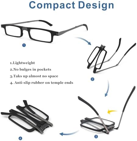 Missfive Ultra Thin Folding Reading Glasses for Men Women Pocket & Upgraded Portable Flat Hard Case, Lightweight Foldable Collapsible Travel Pocket Readers Durable TR90 Metal Eyeglasses 1.5x