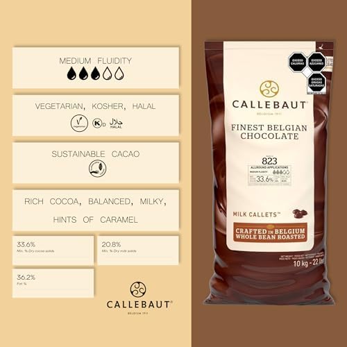 Callebaut 823 Milk Chocolate Callets - 22 LBS Belgian Baking Chocolate Callets - Min 30.2% Cocoa butter, 4.9% fat free cocoa, 6% Milk fat, 15.8% Fat free milk - Recipe 823NV-595 - 22 Lbs (10 kg)