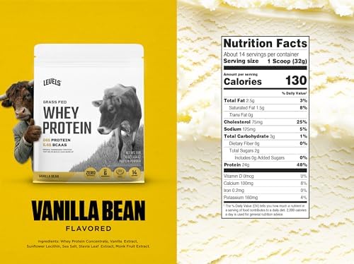 Levels Grass Fed Whey Protein Powder, No Artificials, 24G of Protein, Vanilla Bean, 1LB