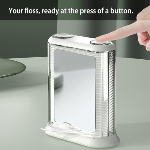 Automatic Dental Floss Dispenser with Side Mirror – Pop-Up Floss Pick Holder & Storage Box with 300 Refills – Portable Travel Flosser Case Organizer for Oral Care (White)