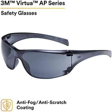 3M Safety Glasses, Virtua AP, 1 Pair, ANSI Z87, Anti-Fog, Anti-Scratch Coating, Gray Lens, Gray Frame, Side Shields, Economical Eye Protection, 99.9% UV Protection, Polycarbonate