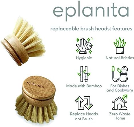eplanita Replacement Brush Heads (Pack of 8) for Bamboo Dish Brush, Sisal Bristle Refills, Agave Cactus Fibres, Kitchen Eco Scrubber, Plastic Free Washing Up, Zero Waste Cleaning