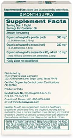 Himalaya Organic Ashwagandha Root, 2 Month Supply - Herbal Adrenal Support Supplements for Stress Relief and Energy Support - USDA Organic, Non-GMO, Vegan, Gluten Free, 670 mg, 60 Caplets