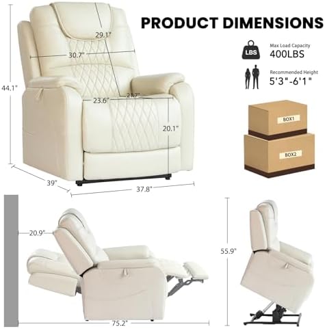 EONIX Triple Motor Lay Flat Power Lift Recliner Chair for Elderly with Massage, 400lbs Electirc Lift Chair for Living Room, Independent Adjustable Backrest Headrest, Extended Footrest, Cream White