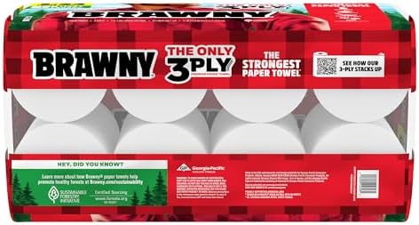 Brawny Tear-A-Square 3-Ply Paper Towels, 8 Triple Rolls = 24 Regular Rolls, Strong, Absorbent, and Durable with 3 Sheet Sizes (Quarter, Half, Full)