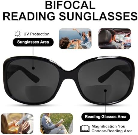 Bifocal Reading Sunglasses Womens, Oversized Square Sun Readers Outdoor Reading Glasses UV400 Protection/Anti Glare