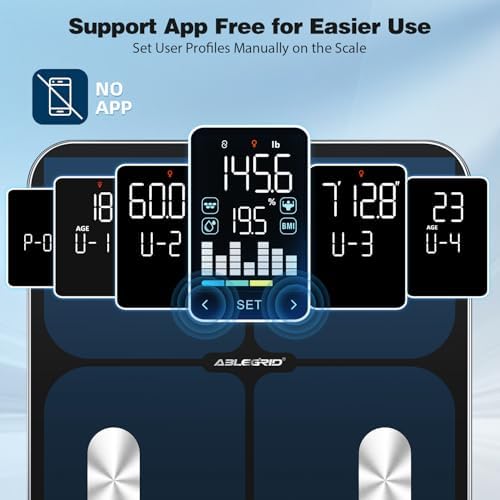 ABLEGRID Smart Bathroom Scale for Body Weight, Digital Body Fat Scale with LED Column Trend Display, BMI,Muscle Mass,Body Type, Accurate Home Weighing Scale for People with APP-Free Mode, 400lb