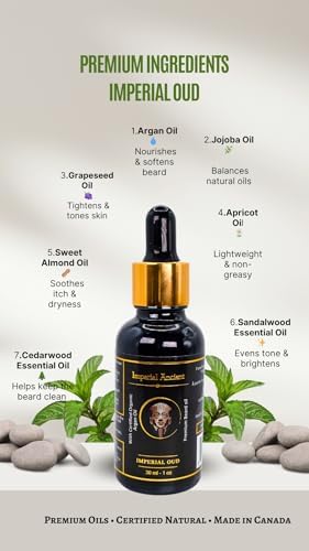 Imperial Oud Beard Oil for Men – Premium Grooming Oil with Argan, Jojoba & Almond – Softens Beard, Non-Greasy, Deeply Nourishing – Luxurious Oud Scent – 30ml – Made in Canada