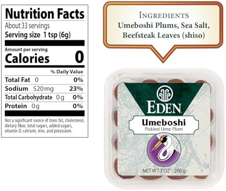 Eden Umeboshi Plum, Japanese Pickled Plum, Wakayama Grown, Whole, Traditionally Made in Japan, No MSG, No Chemical Additives, 7.05 oz