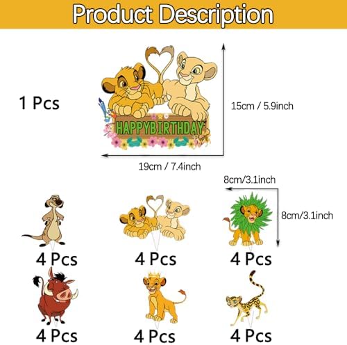 25PCS Cupcake Toppers with 1 Happy Birthday Cake Topper, Cute Lion Cartoon Cake Toppers Themed Party Supplies, Perfect for Birthday Party Decorations