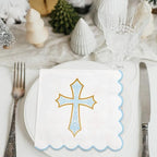 Crtiin 50 Pack Blue Cross Pattern Paper Napkins 3 Ply 5 x 5 in Baptism Disposable Cocktail Napkins with Scalloped Edges for Christening Religious, First Communion, Newborn Baby Shower Party Supplies