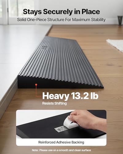 VEVOR 1.6" Rise Cuttable Threshold Ramp for Doorways, 35.4" Wide Natural Rubber Wheelchair Ramp, Non-Slip Solid Rubber Ramp with Double-Sided Tape for Doorways,Driveways,Bathroom,Smooth Tile