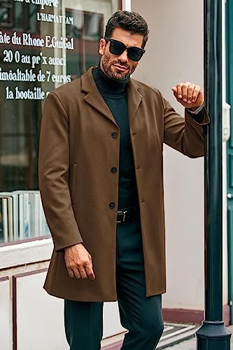 PASLTER Mens Mid Long Trench Coat Slim Fit Winter Pea Coat Single Breasted Business Overcoat