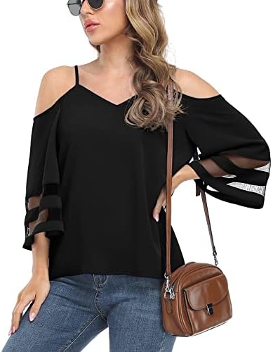 Jouica Womens Summer Cold Shoulder Tops Mesh Panel 3/4 Bell Sleeve Tees Adjustable Spaghetti Strap Loose Fit Shirts