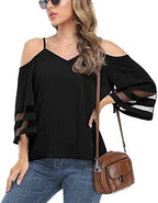 Jouica Womens Summer Cold Shoulder Tops Mesh Panel 3/4 Bell Sleeve Tees Adjustable Spaghetti Strap Loose Fit Shirts