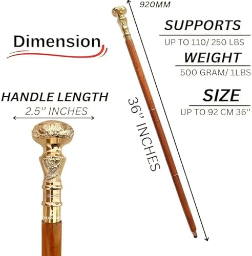 Vintage Wooden Walking Stick - Wooden Cane with Golden Brass Knob Handle - Brown Wood - Victorian Telescope Fancy Walking Cane for Men and Women