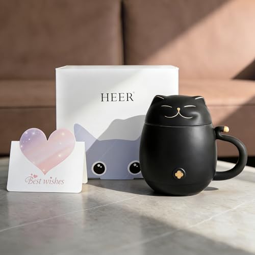 HEER Cat Tea Cup with Infuser and Lid - 10oz Ceramic Loose Leaf Tea Mug - Cat Lover Gift for Friends Family. (Black)