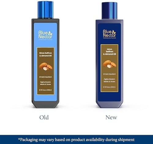 Blue Nectar Saffron & Almond Oil, Ayurveda Product for Crepey Skin | Skin Firming Body Oil for Stretch Marks (12 Herbs, 6.76 Fl Oz)