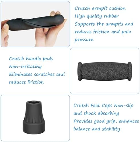 Replacement Crutch Pads, 6 Pcs Crutch Accessory Replacement Crutch Parts and Caps Set , Universal Comfort Padding for Arm Crutches Armpits and Feet Caps for Standard Aluminum Crutches (Black)