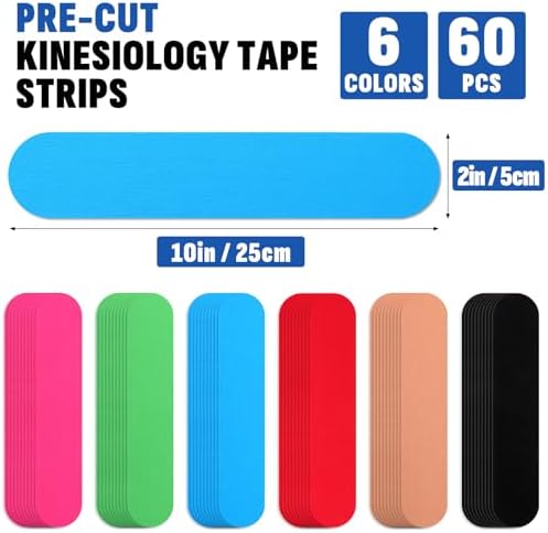 60PCS Precut Kinesiology Tape Strips, 6 Colors 2 inch x 10 inch Cotton Athletic Tape, Kinetic Tape, Elastic Muscle Tape, Sports Tape, Knee Tape for Exercise and Daily Use