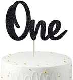 First Birthday Cake Topper - Double Sided Black Glitter, One Anniversary Cake Toppers, 1st Birthday Cake Decorating, Baby Shower Favors, Party Photo Booth Props