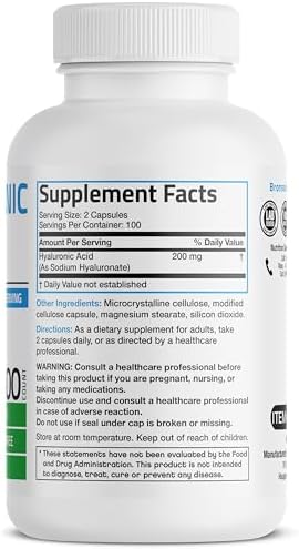 Bronson Hyaluronic Acid 200 MG High Potency Joint Health & Healthy Skin Support, Non-GMO, 200 Vegetarian Capsules