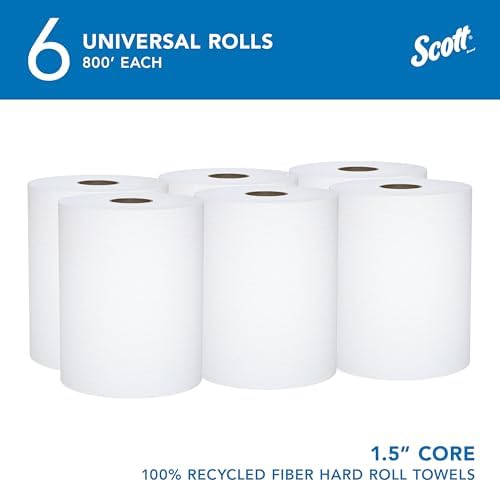 Scott Professional Universal 100% Recycled Fiber Hard Roll Paper Towels, Bulk (56158), Hardwound 1.5" Core, Absorbency Pockets, Compressed, White (6 Rolls at 800' Each, 4,800'/Case)
