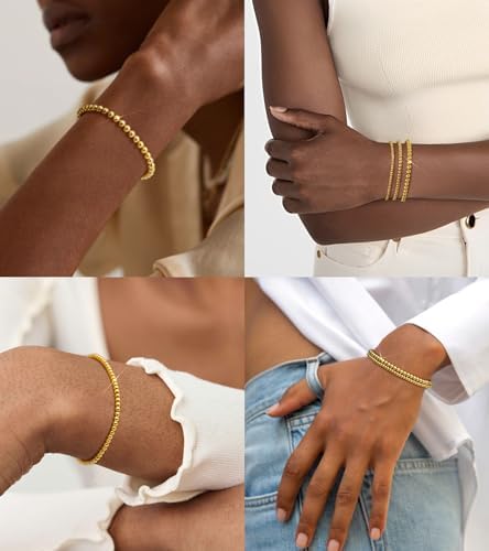 doubgood Gold Bracelets for Women, 5 Piece 14K Gold Plated Bracelet Stack Beaded Ball Jewelry Sets Gifts for Women
