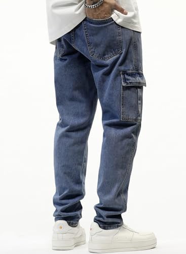 JMIERR Men's Elastic Waist Cargo Jeans Stretch Denim Pants with Drawstring Relaxed Fit for Casual Daily Wear