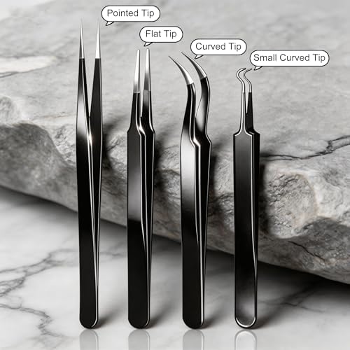G.CATACC 4-Pack Precision Tweezers Set, Curved and Pointed Tweezer Kit for Craft, Eyelash Extension, Blackheads, Facial Hair, Ingrown Hair Removal, Electronics, Soldering, Jewelry - with Case