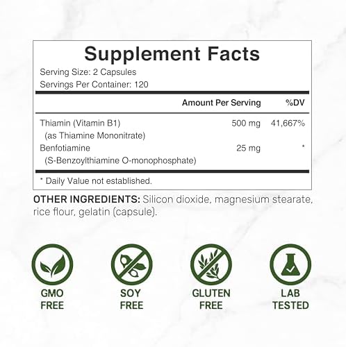 DEAL SUPPLEMENT Vitamin B1 500mg with Benfotiamine, 240 Capsules – 2 in 1 Enhanced Formula – Fat & Water Soluble Thiamine B1 Supplement – Third Party Tested, Non-GMO, No Gluten