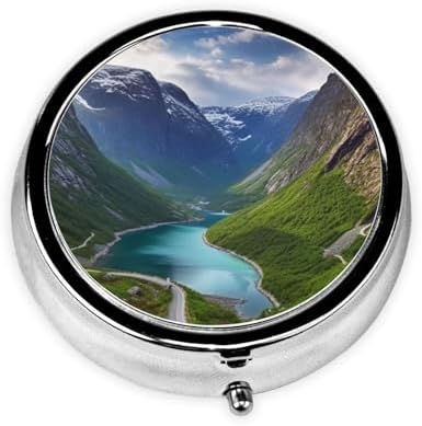Norwegian Fjords Pill Case 3 Compartments, Metal Round Portable Pill Box with Mirror, Waterproof Travel Pill Organizer for Purse & Pocket, Small Medicine Vitamin Holder Unique Gift