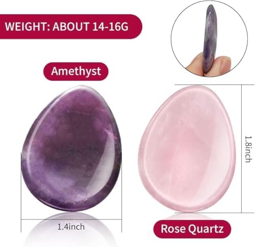 2 Packs Thumb Worry Stone for Anxiety,Natural Rose Quartz Amethyst Healing Crystals Set,Chakra Reiki Gemstone Pocket Palm Stones for Anxiety Stress Relief Meditation Crystal Therapy,Teardrop Shape