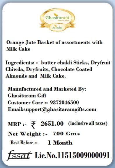 Jaiccha Ghasitaram Christmas Gifts Orange Jute Basket of assortments with Milk Cake
