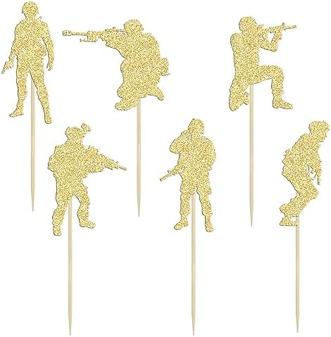 Gyufise 24Pcs Military Soldier Cupcake Toppers Glitter Military Theme Cupcake Picks for Navy Army Special Forces Veteran's Day Men Boys Birthday Party Cake Decorations Supplies Gold
